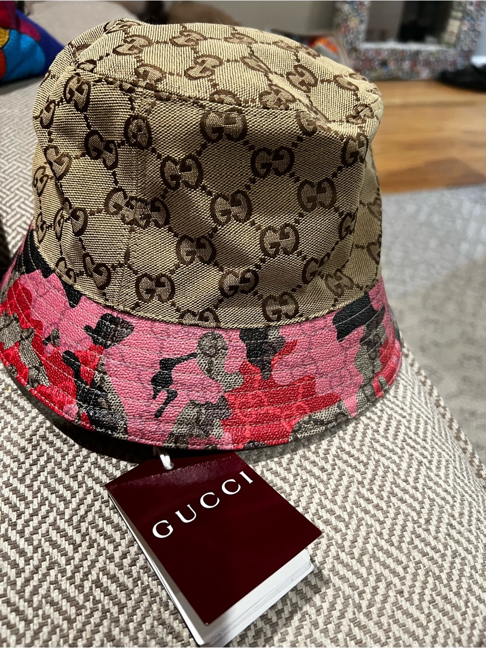Gucci Beige GG Monogram Bucket Hat with Pink Camo Brim